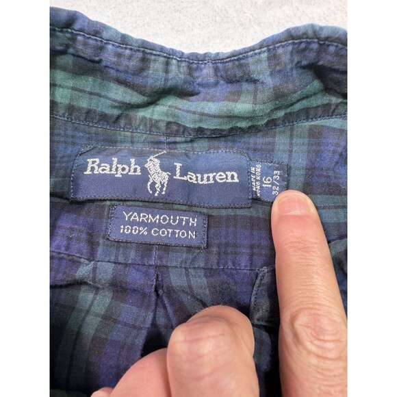 Polo Ralph Lauren Yarmouth 100% cotton Blue/Green Plaid 16 32/33 button up LS - Picture 9 of 12